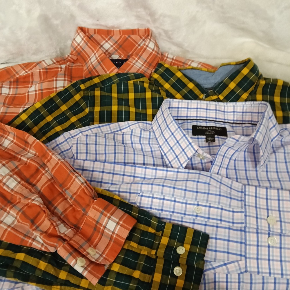 Lot of 3 Mens Large Plaid Shirts Banana Republic Nautica Tommy Hilfiger L